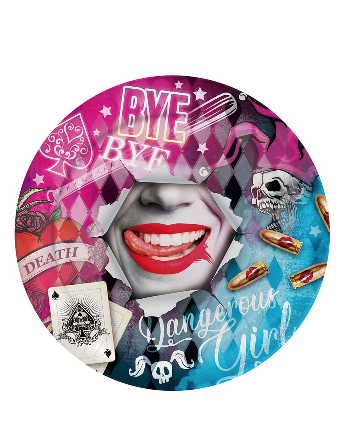 Assiette Dangerous girl pour fête rose et bleue avec motifs bouche et balles