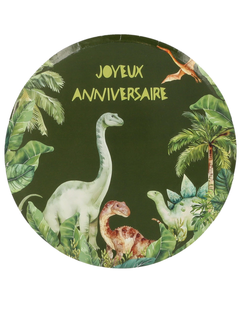 Assiettes dinosaures joyeux anniversaire pour fête vertes en carton avec décor de jungle