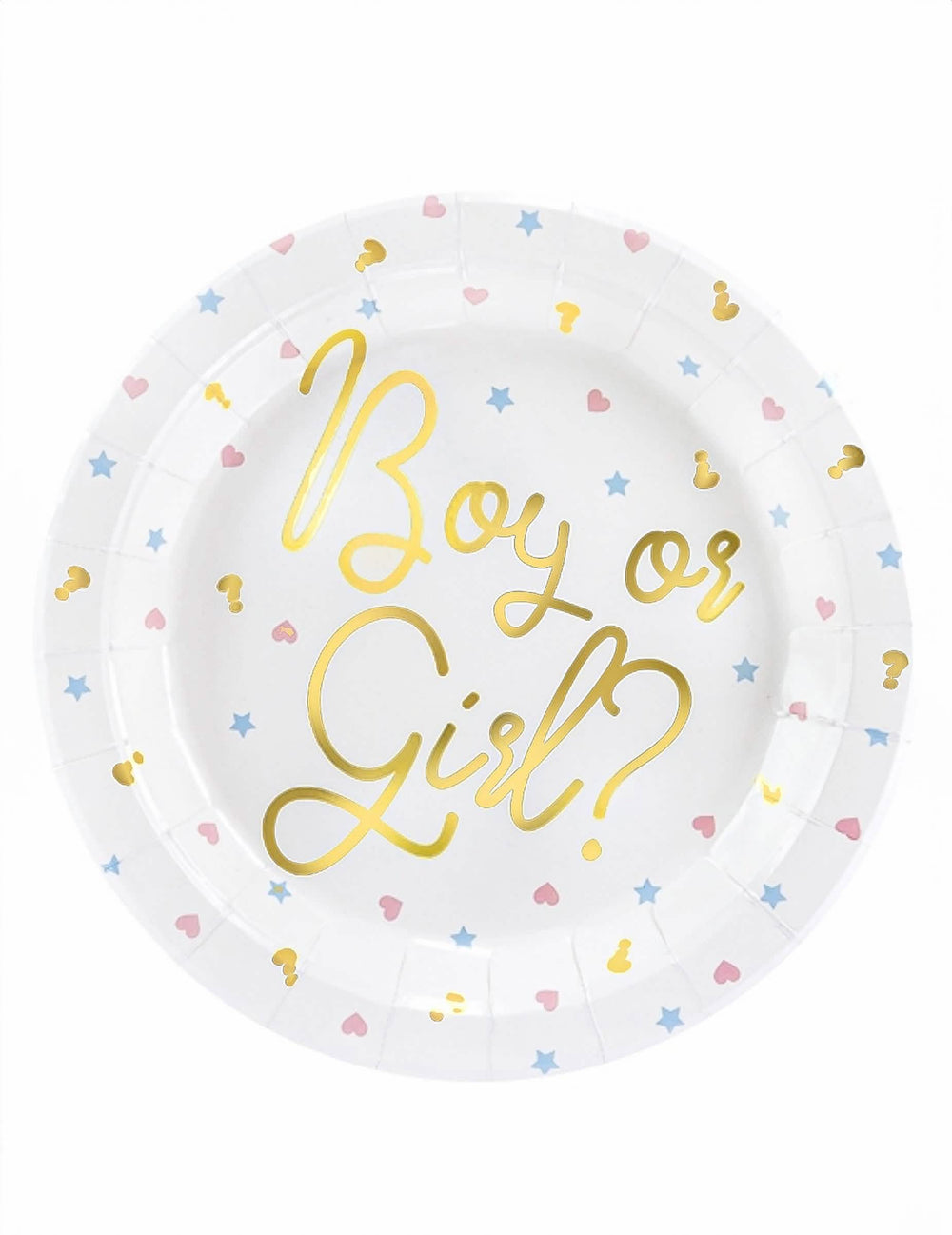 Papierové taniere Boy or Girl na baby shower biele s zlatá nápisom