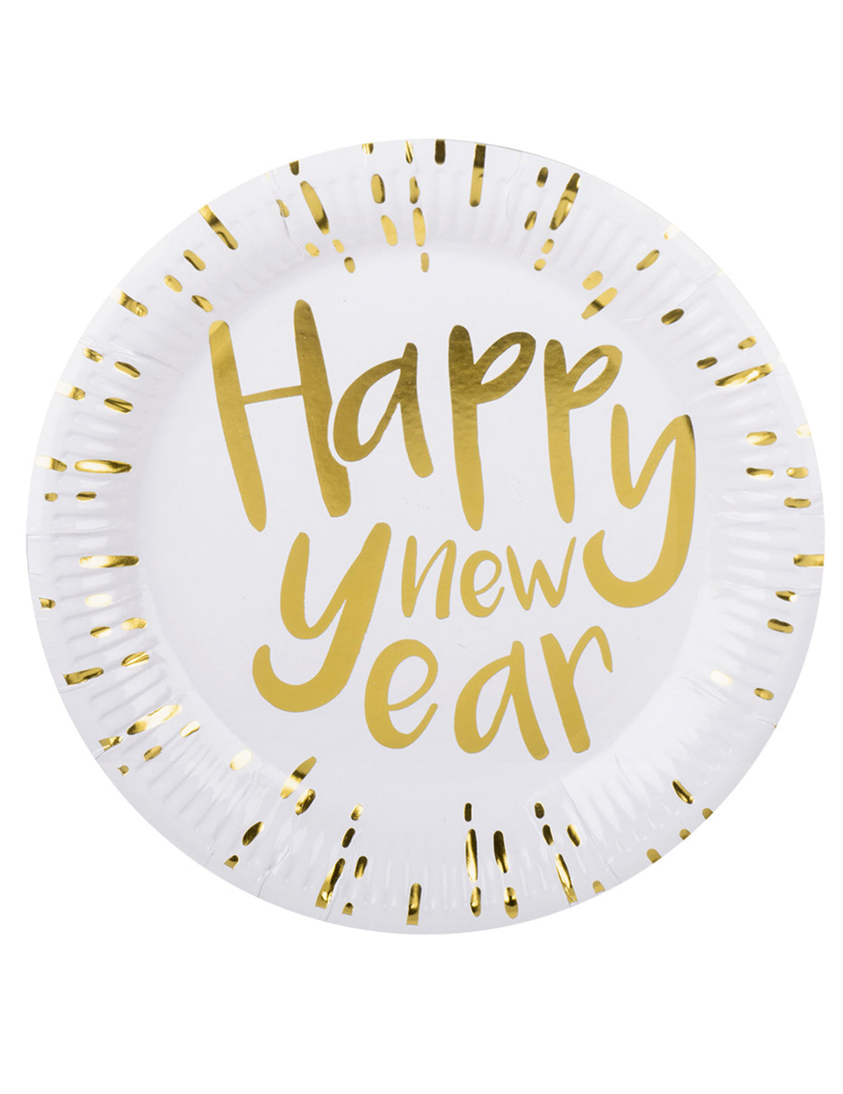 Assiettes en carton Happy New Year pour le réveillon blanches et dorées
