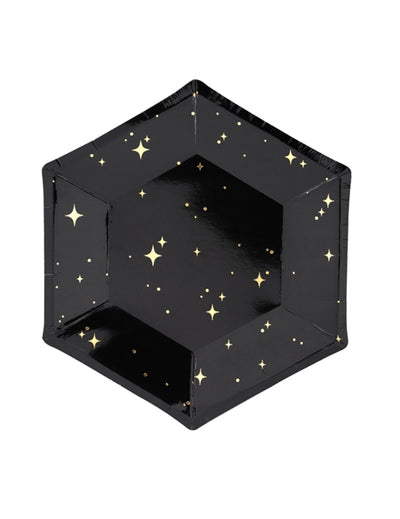 Assiettes en carton hexagonales étoiles pour fête noires et dorées