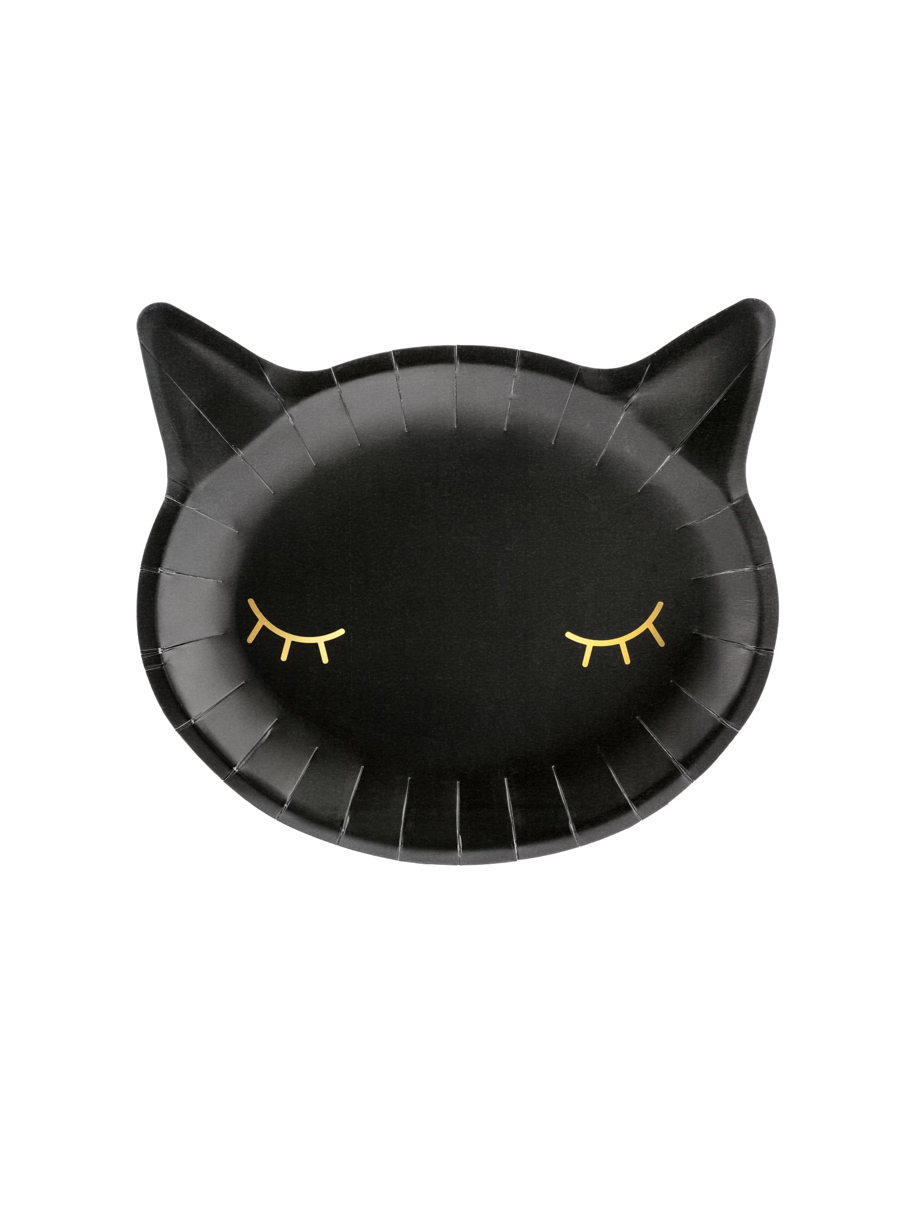 Assiettes en carton tête de chat pour fête noir avec yeux dorés