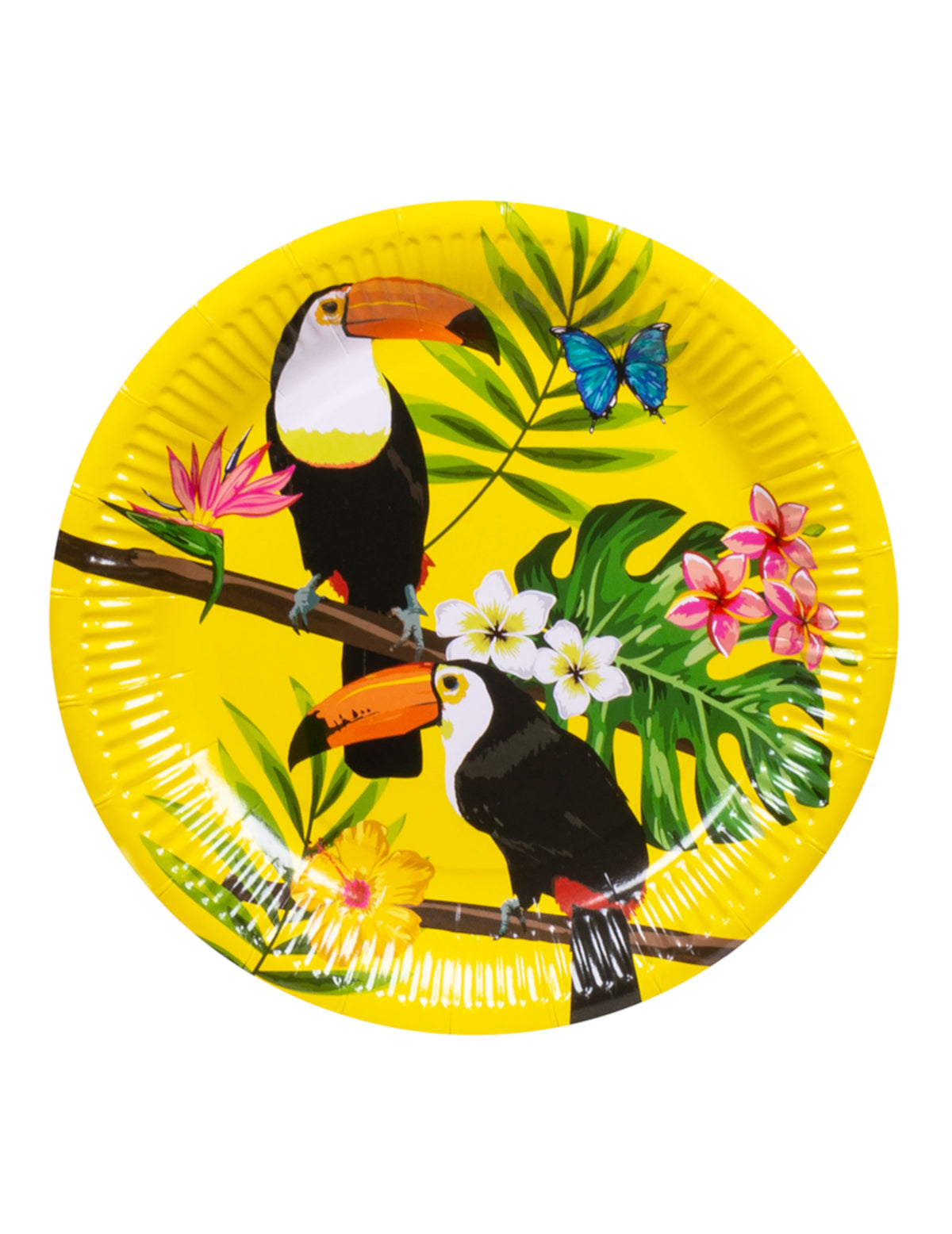 Mise en situation sur une table de fête des assiettes en carton toucan