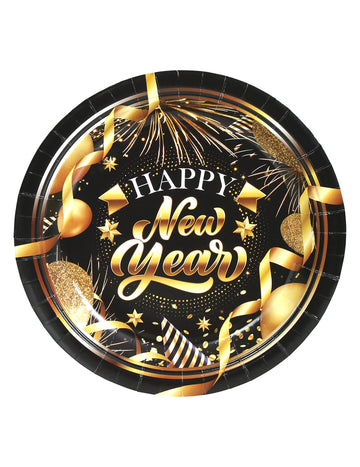 6 čierno-zlatých papierových tanierov s nápisom Šťastný Nový rok 23 cm