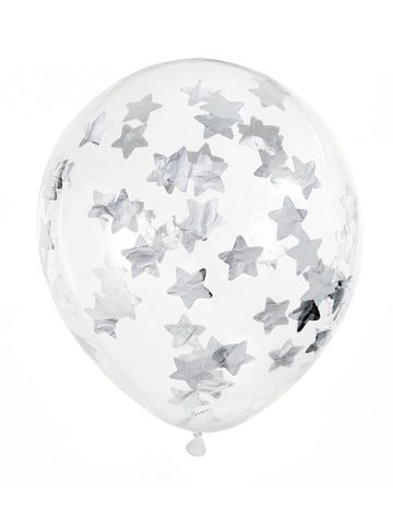 6 priehľadných balónov s konfetami strieborné hviezdy 30 cm 