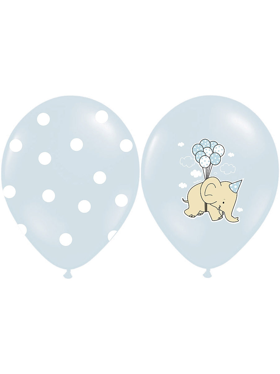 Ballons en latex éléphants bleus biodégradables à pois et motif éléphant