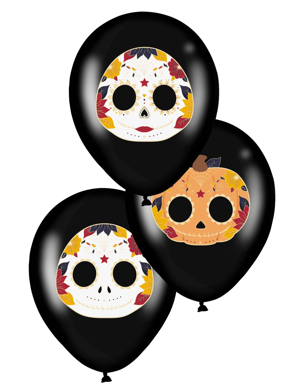 Latexové balóny Dia de los Muertos na párty čierne s farebnými vzormi lebiek