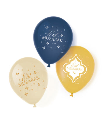 6 ballons en latex Eid Mubarak pour décoration bleu or et crème