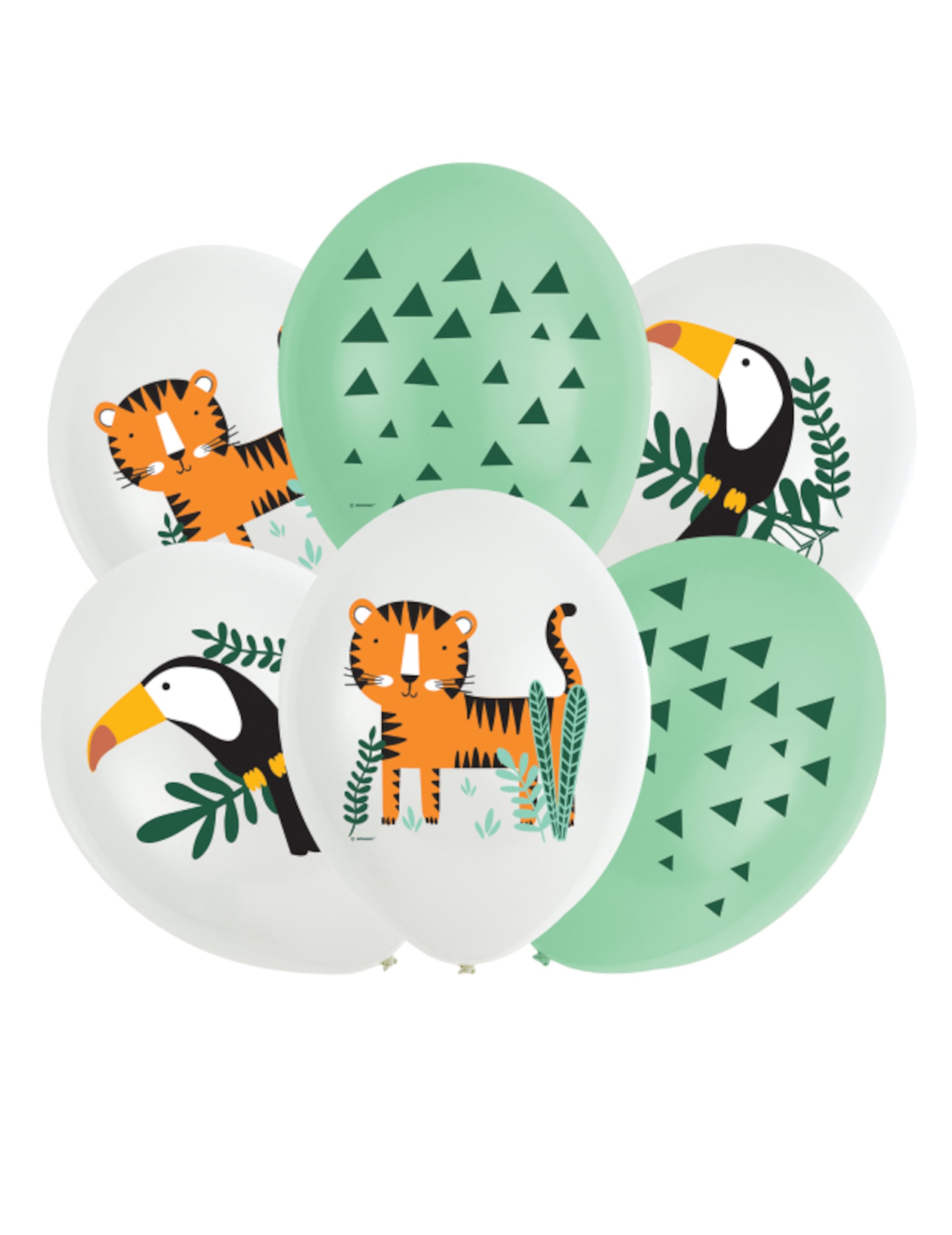 6 ballons en latex get wild safari jungle tropicale blancs et verts à motifs tigre et toucan
