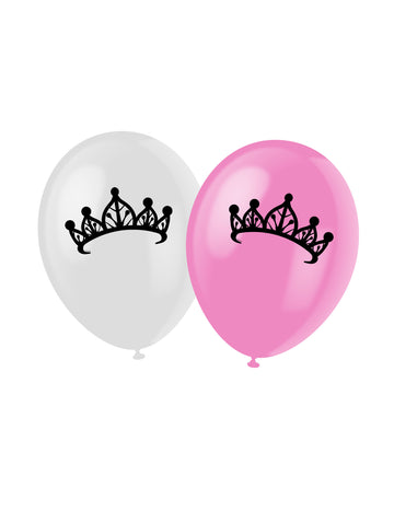 Ballons en latex princesse roses et blancs avec motif de couronne noire