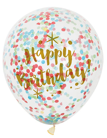 Ballons en latex Happy Birthday confettis pour anniversaire multicolores et doré