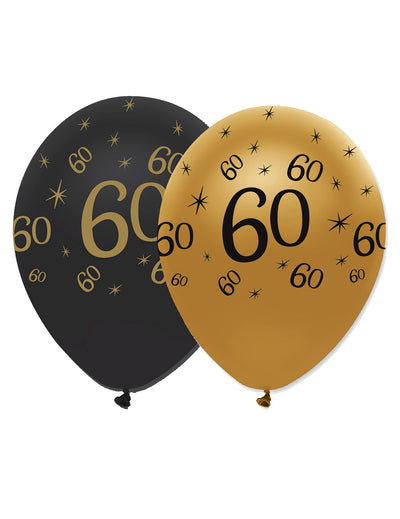 Ballons en latex 60 ans pour anniversaire noirs et dorés