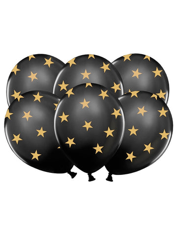 6 ballons en latex étoiles noirs et dorés
