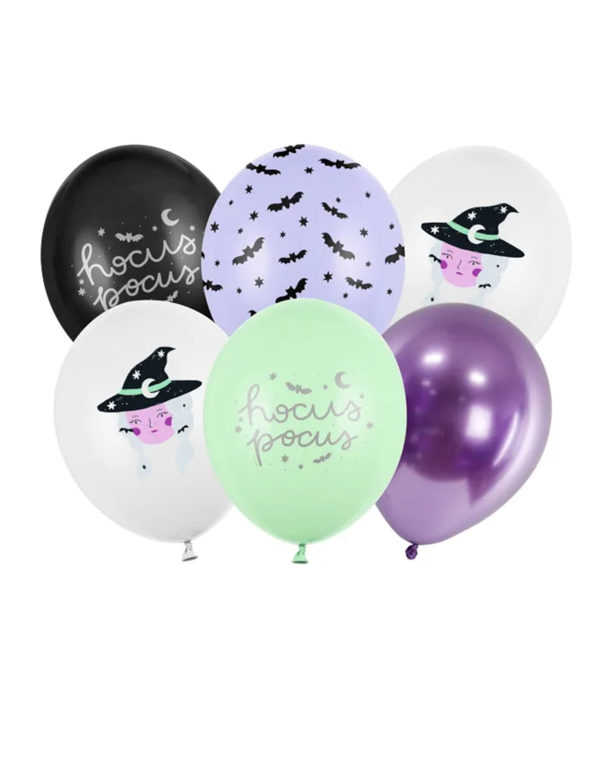 Mise en situation des 6 ballons en latex sorcière Halloween