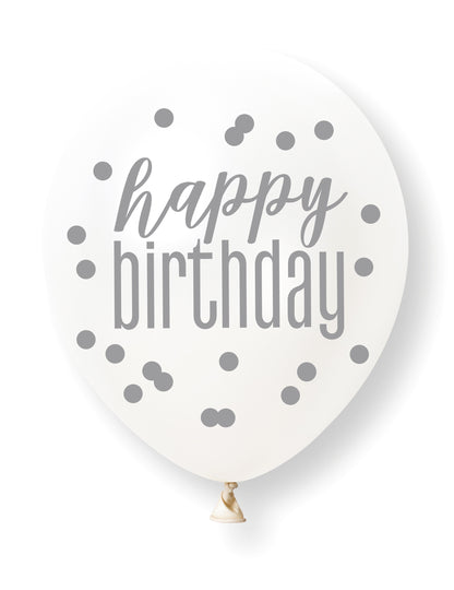 6 Ballons roses, violets et blancs Happy Birthday
