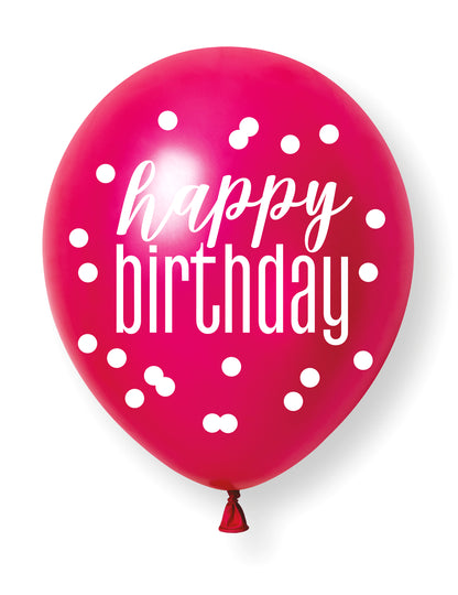 6 Ballons roses, violets et blancs Happy Birthday