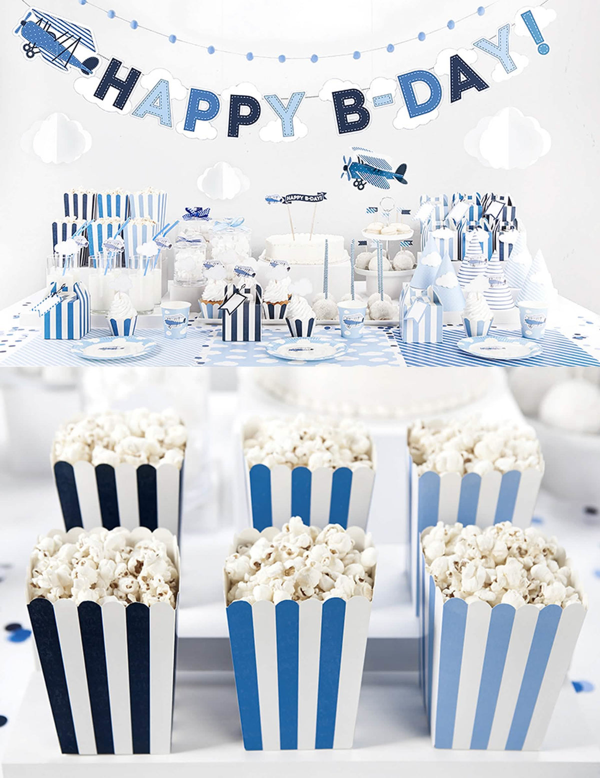 Modré pruhované krabičky na popcorn na oslavu