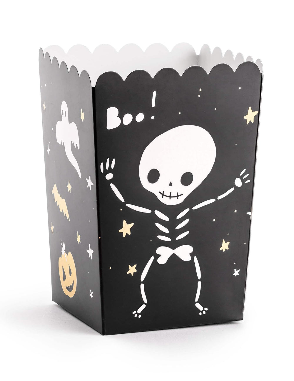 Škatuľka na popcorn halloween Boo! na čiernu párty s motívmi kostry a ducha
