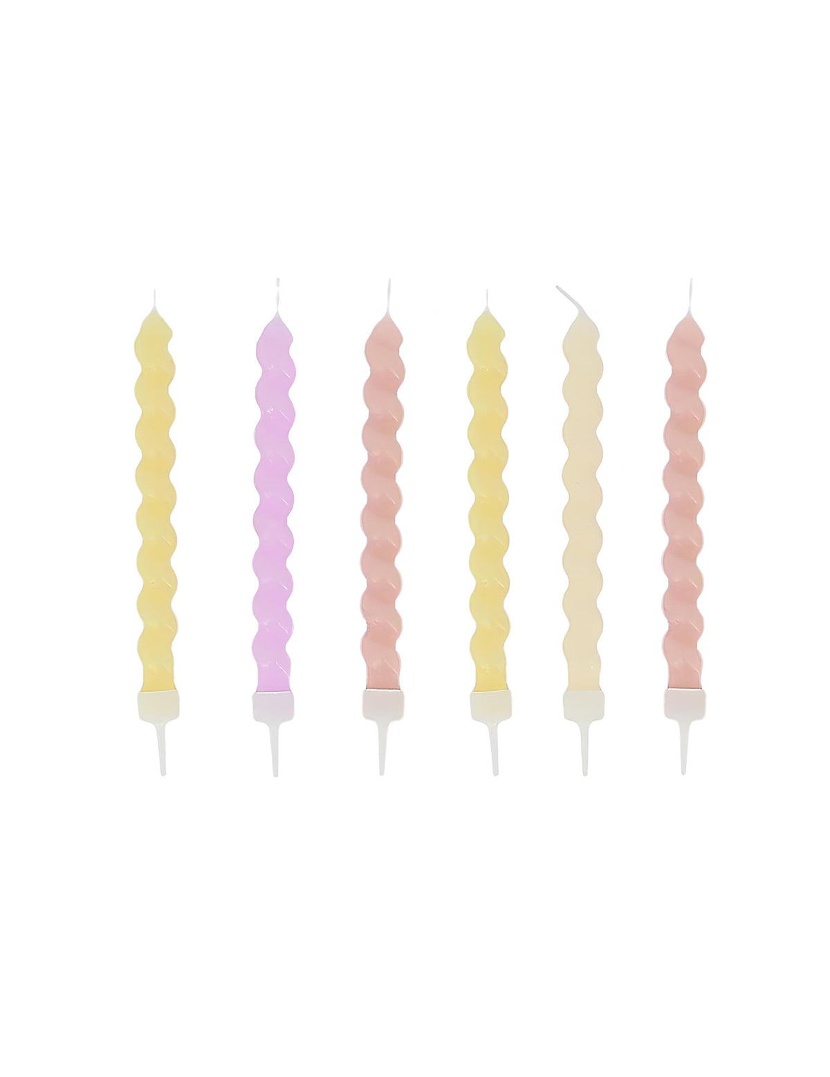 6 bougies torsadées dégradé pastel pour fête jaune violet et rose