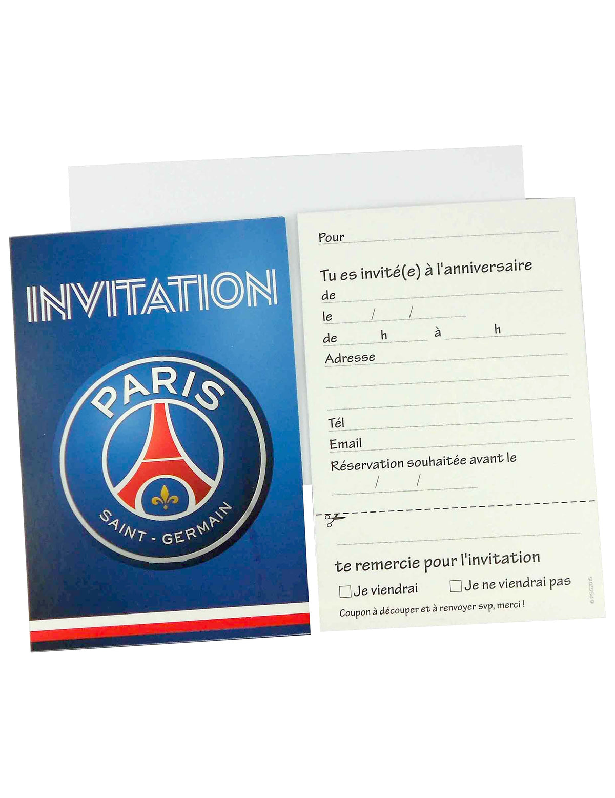 Cartes d'invitation et enveloppes PSG bleu et rouge avec logo