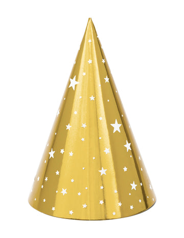 6 zlatých kartónových párty klobúčikov s bielymi hviezdičkami 16 cm na narodeniny