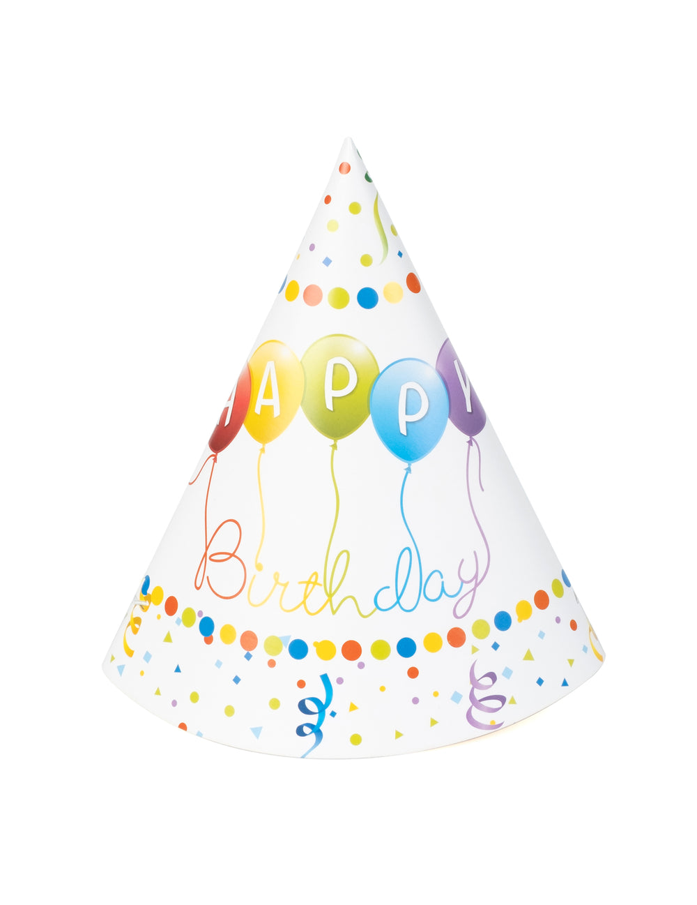 Chapeau de fête Happy Birthday pour anniversaire blanc avec motifs ballons multicolores