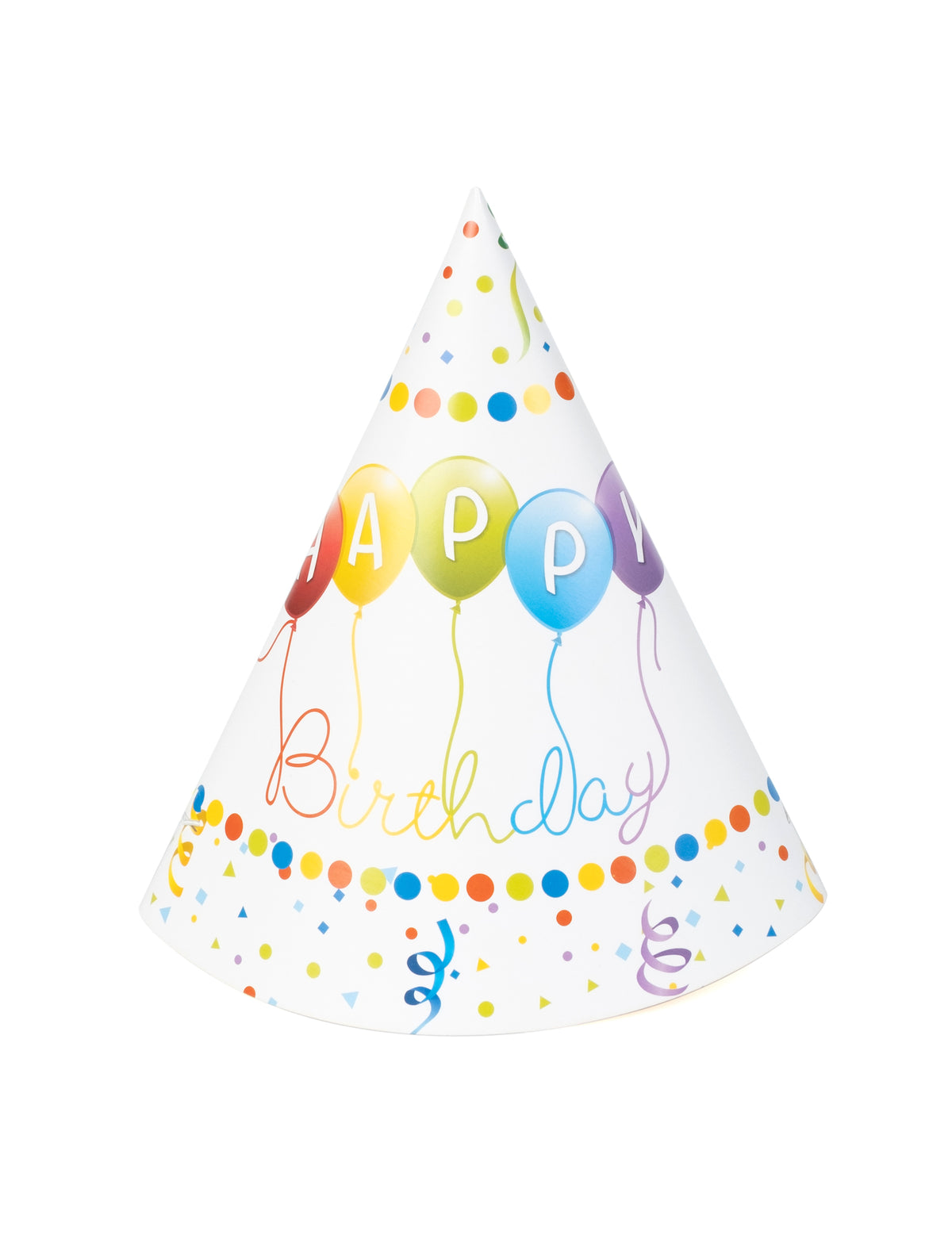 Chapeau de fête Happy Birthday pour anniversaire blanc avec motifs ballons multicolores