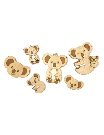 6 drevených konfiet s koalou 3,5 cm prírodná dekorácia