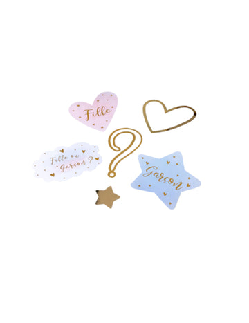 6 ružových, modrých a zlatých stolových dekorácií s odhalením pohlavia pre dievča alebo chlapca