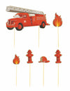 6 décorations pour gâteau Pompier pour enfant rouges avec camion et flammes