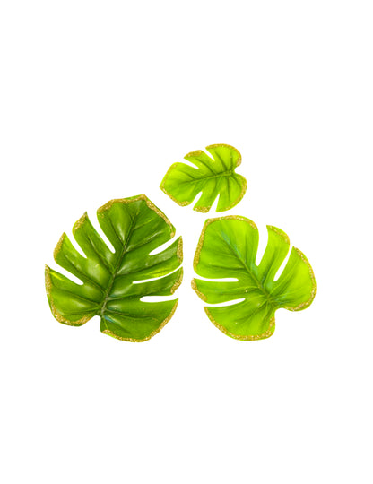 6 tropických listov s trblietavými okrajmi, 10 x 8 cm zelená a zlatá