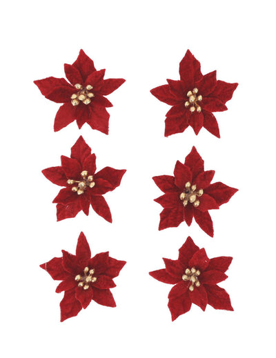 6 samolepiacich kvetov poinsettia z červeno-zlatého zamatu 5,5 cm