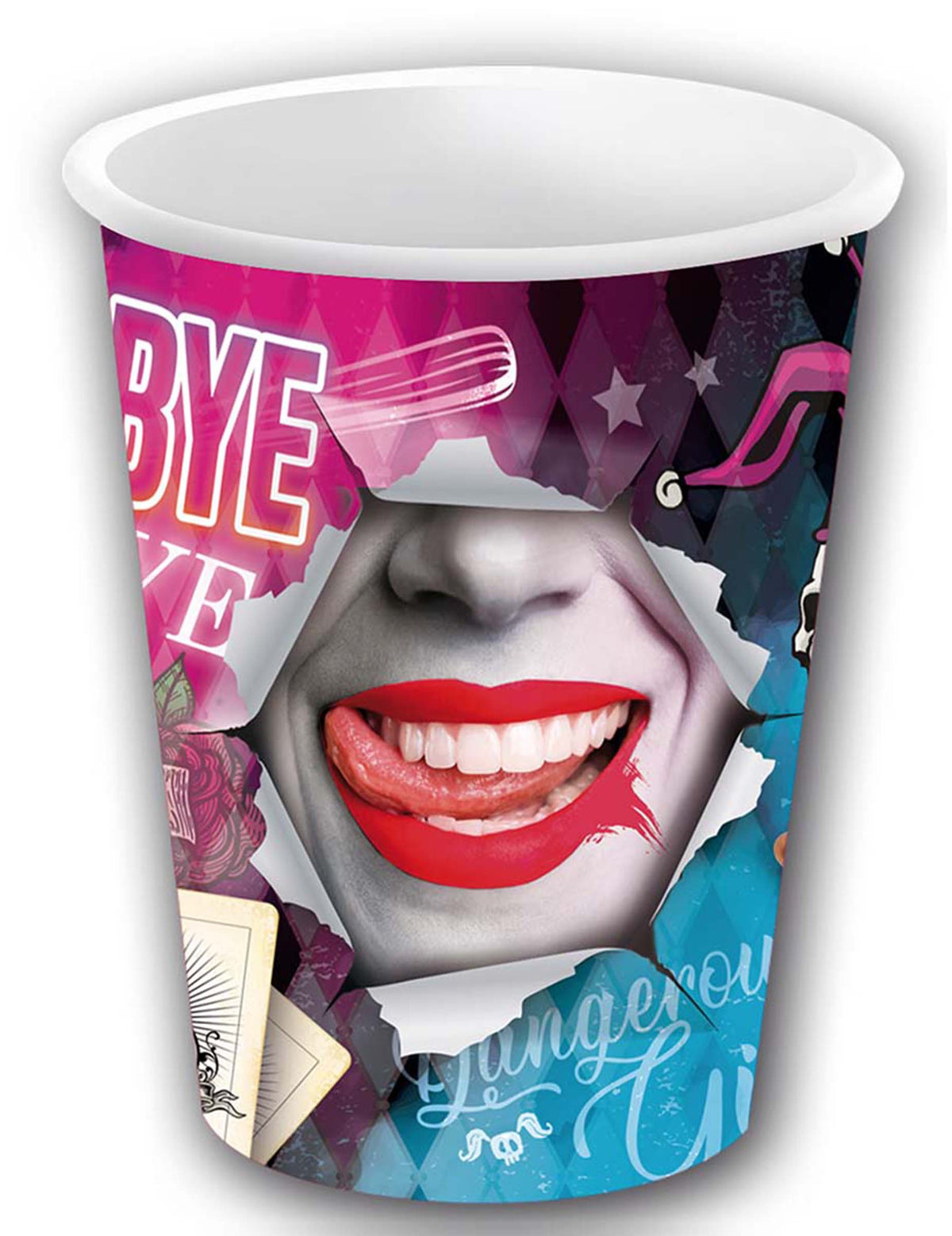 Gobelets dangerous girl pour fête rose et bleu avec motif de bouche maquillée