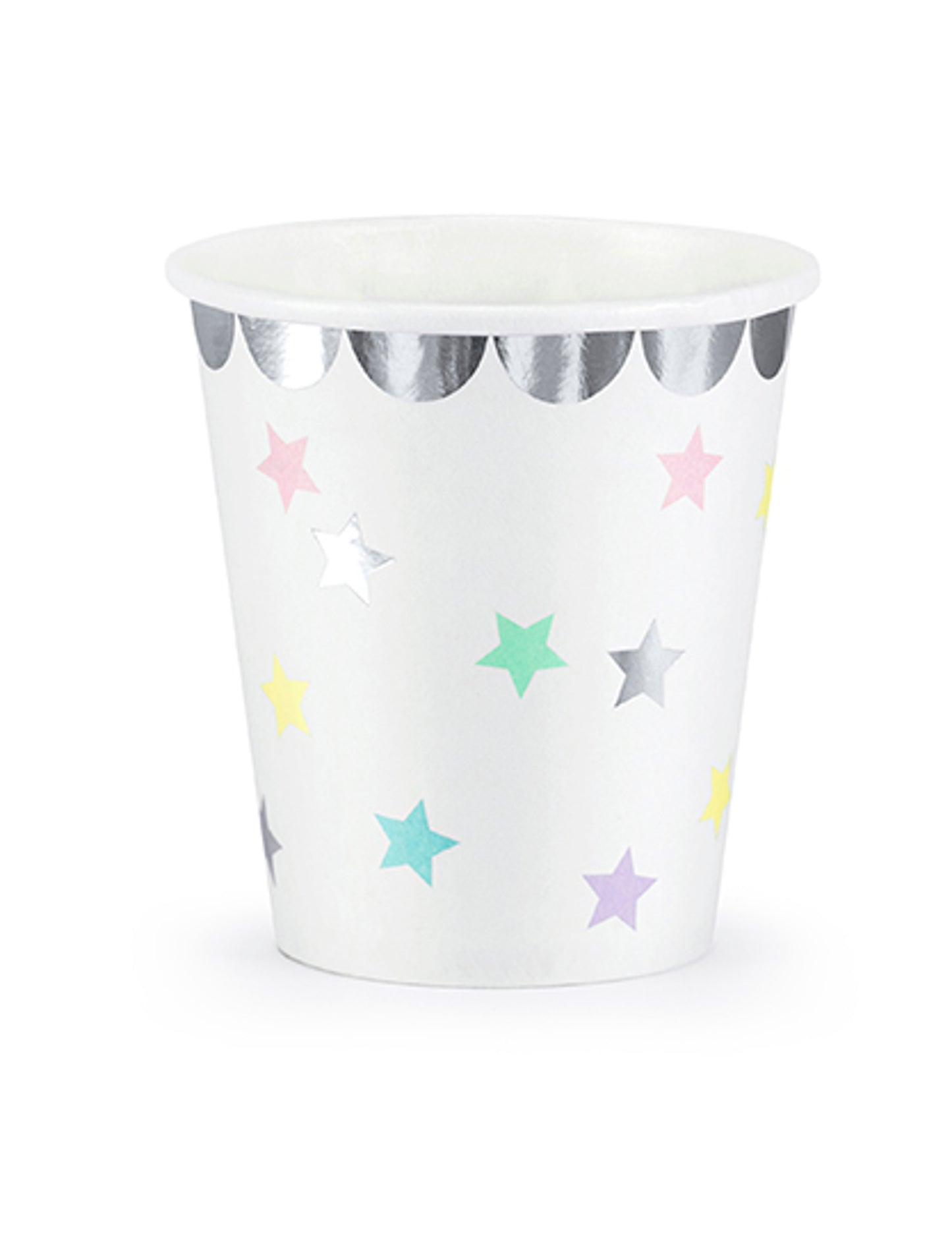 6 hviezdicových kartónových pohárov s objemom 180 ml v striebornej pastelovej farbe