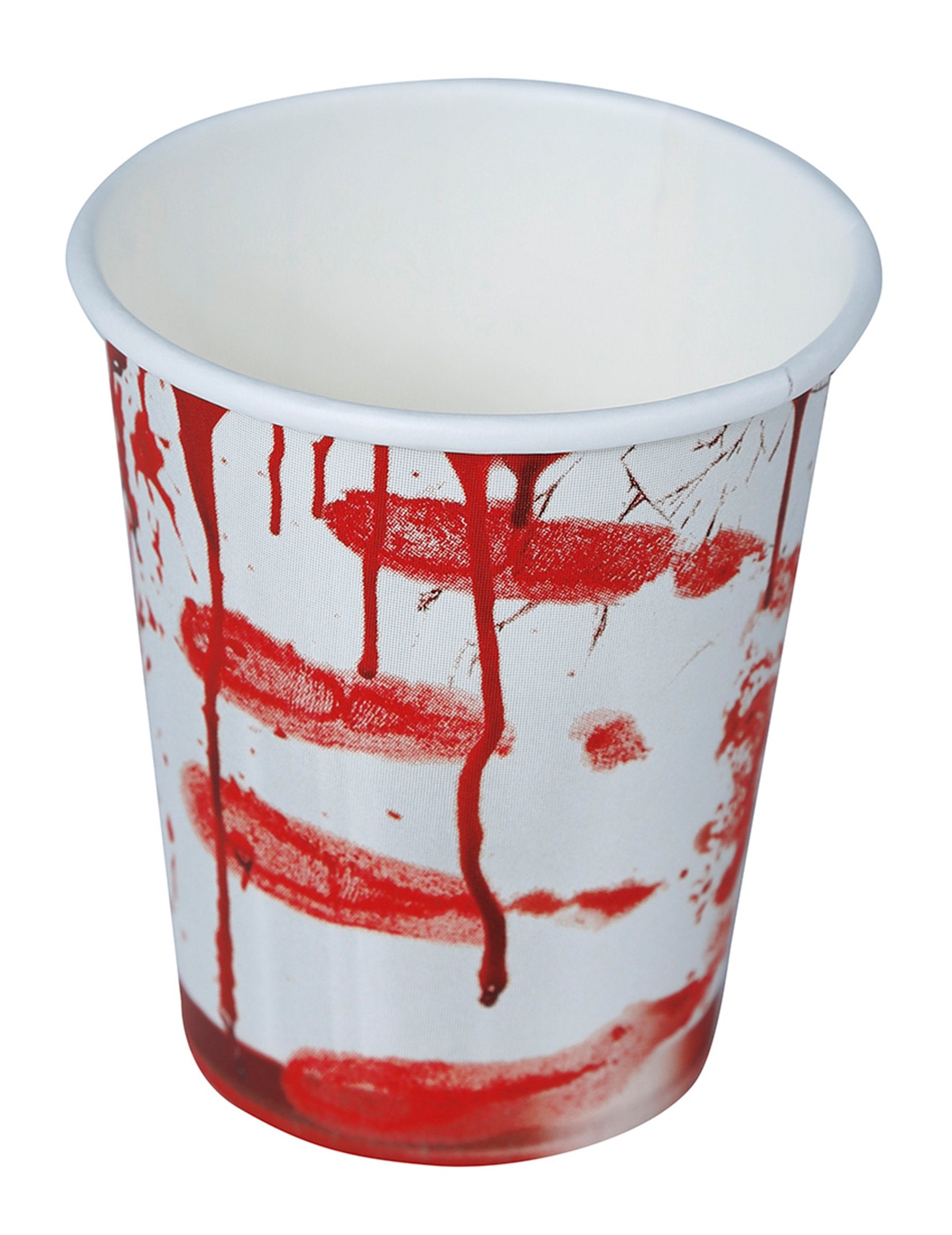 Detailný pohľad na krvavé škvrny na papierovom pohári Halloween