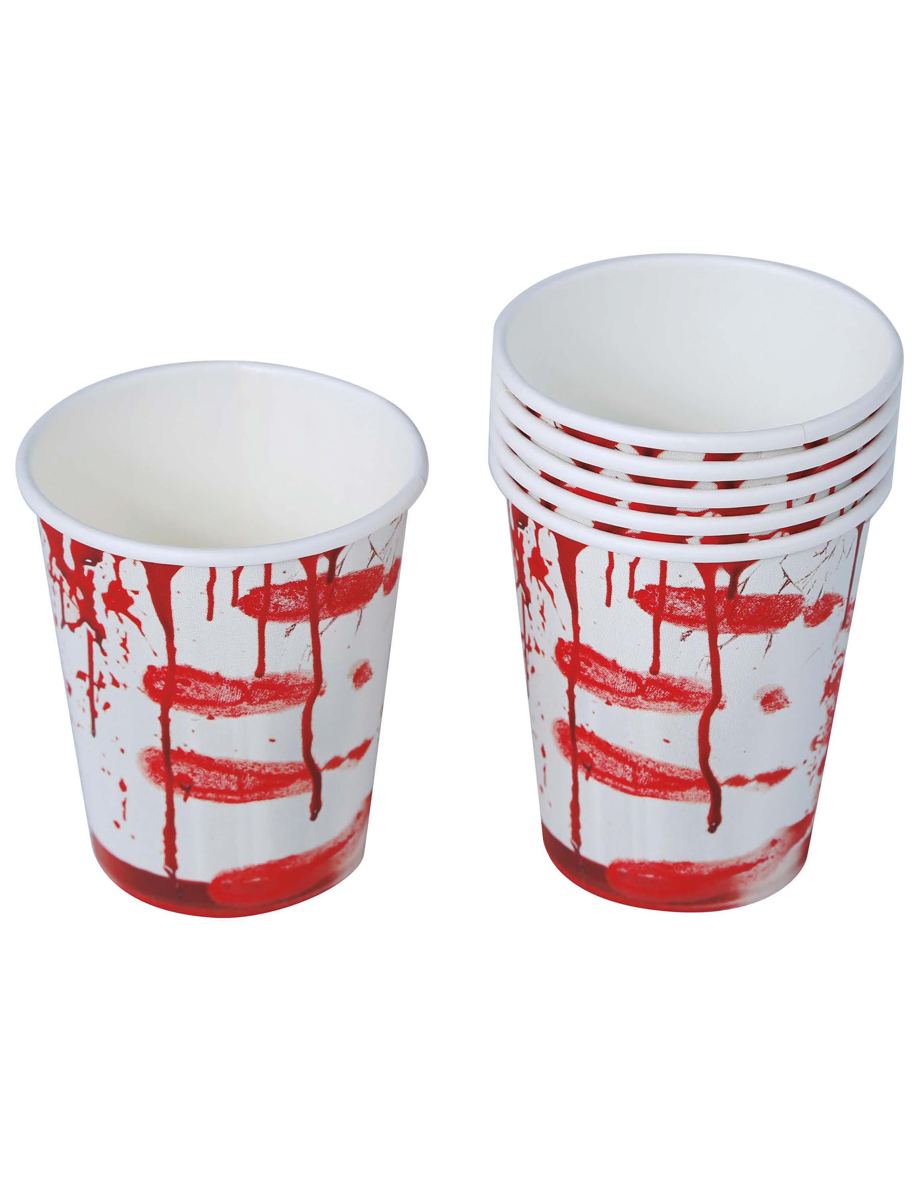 Pohľad na hromadu papierových pohárov Halloween s krvavým dizajnom