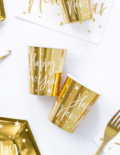 6 kovových zlatých kartónových pohárov s hviezdičkovým vzorom „Šťastný nový rok“, 220 ml