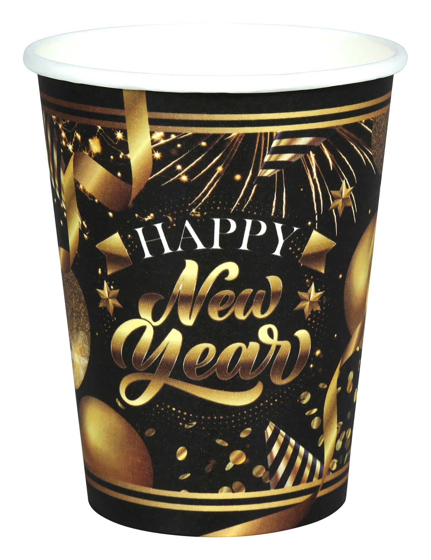 Gobelets en carton Happy New Year pour fête noir et or