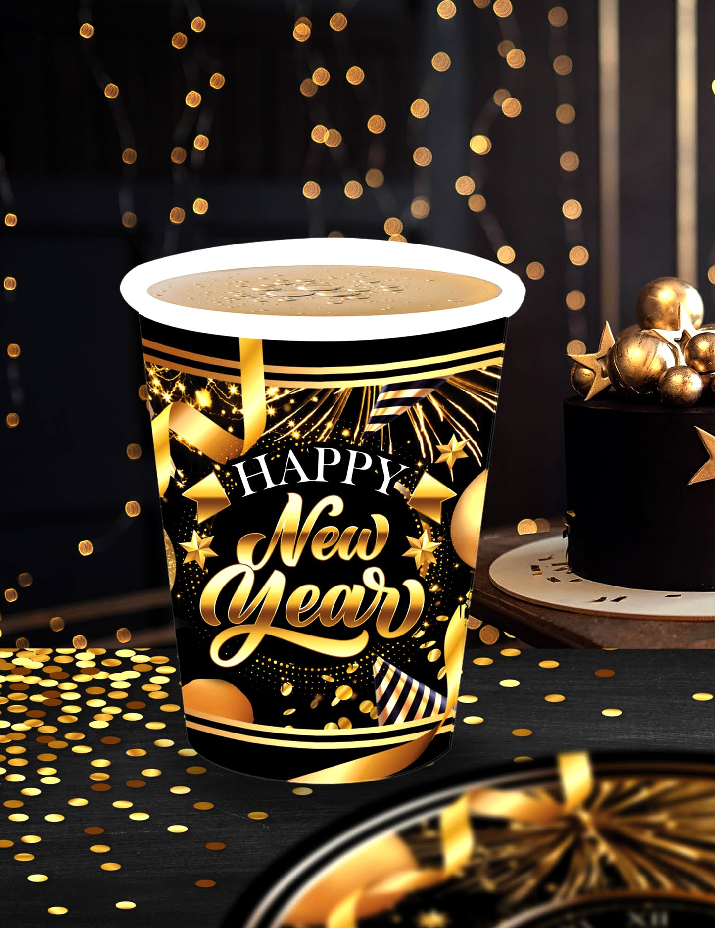 Mise en situation des gobelets en carton Happy New Year