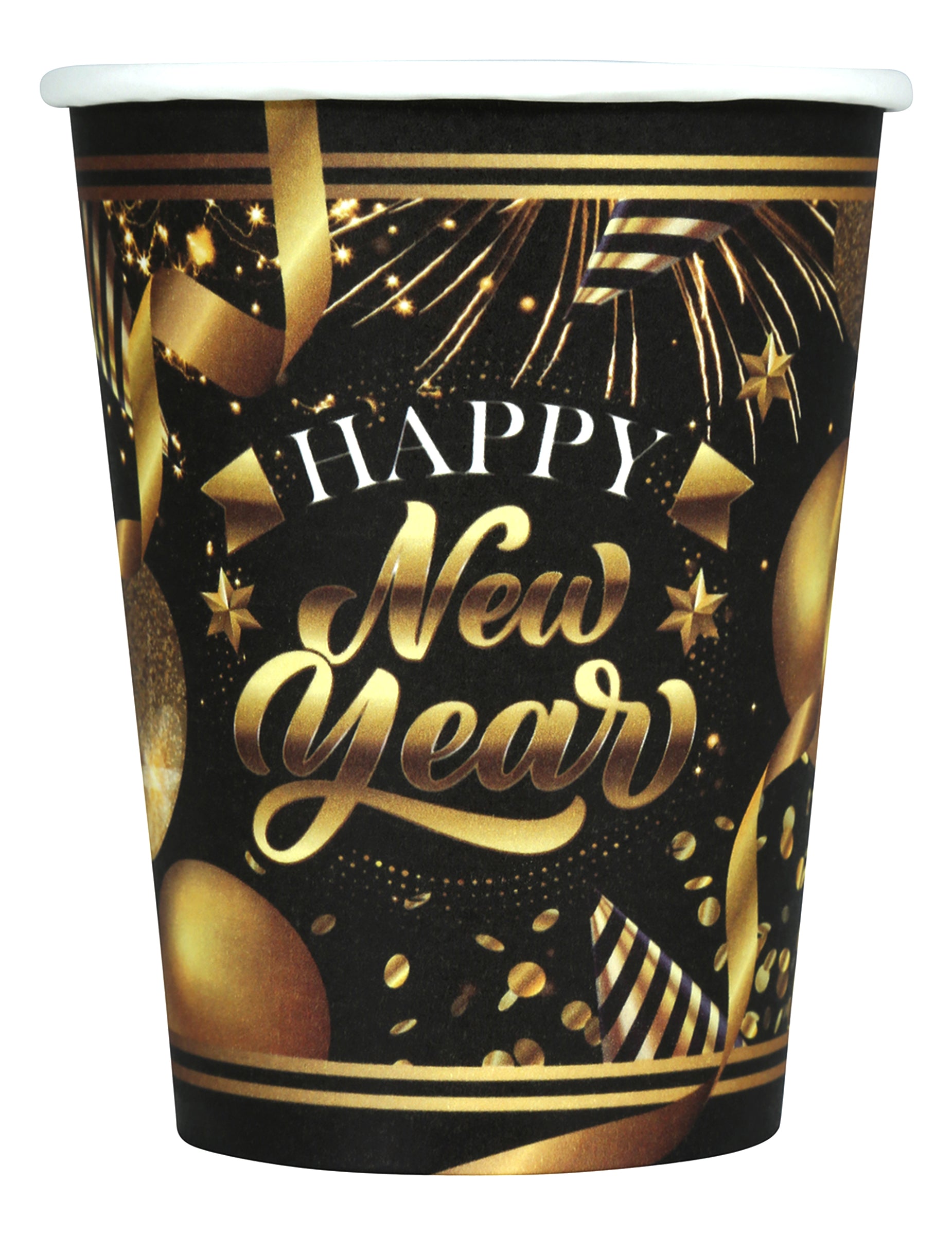 Gros plan sur le motif des gobelets en carton Happy New Year