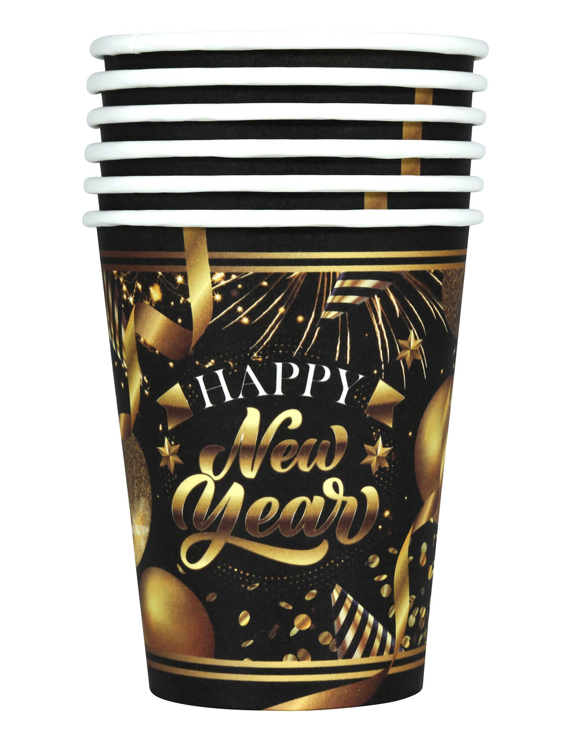 Vue de l'empilement des gobelets en carton Happy New Year