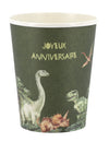 Gobelets joyeux anniversaire dinosaures vert en carton thème jungle