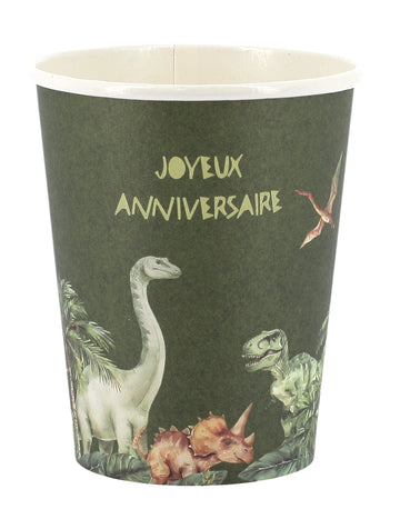 6 pohárov s dinosaurom k narodeninám, zelený kartón, 255 ml, s motívom džungle