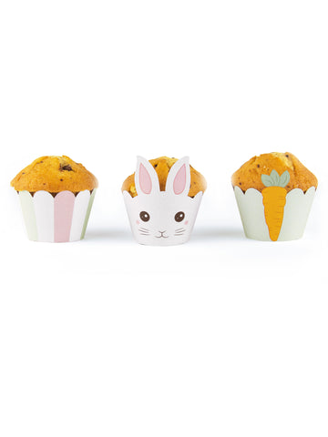 Habillages moules cupcake lapinou pour Pâques blancs avec motifs carotte
