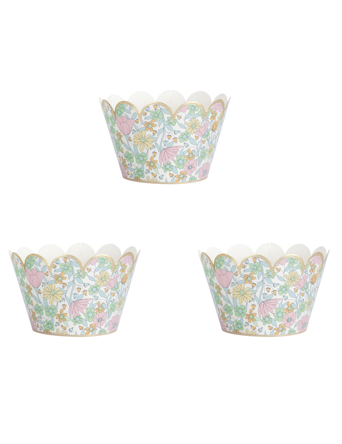 Habillages moules à cupcake shabby à fleurs liberty pour fête pastel et doré