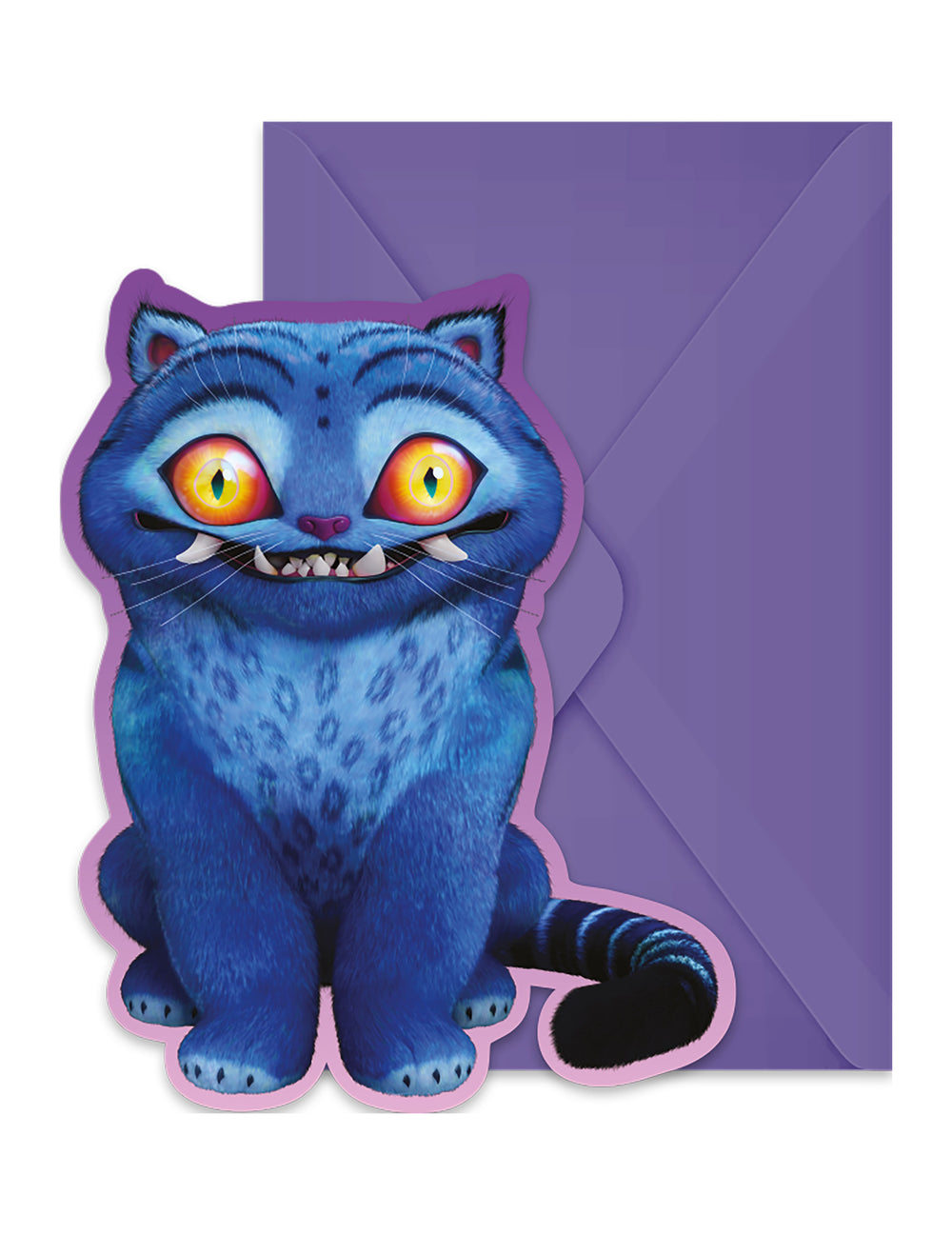 Invitations et enveloppes K-pop Demon Hunters pour enfant bleues avec chat monstre et enveloppe violette