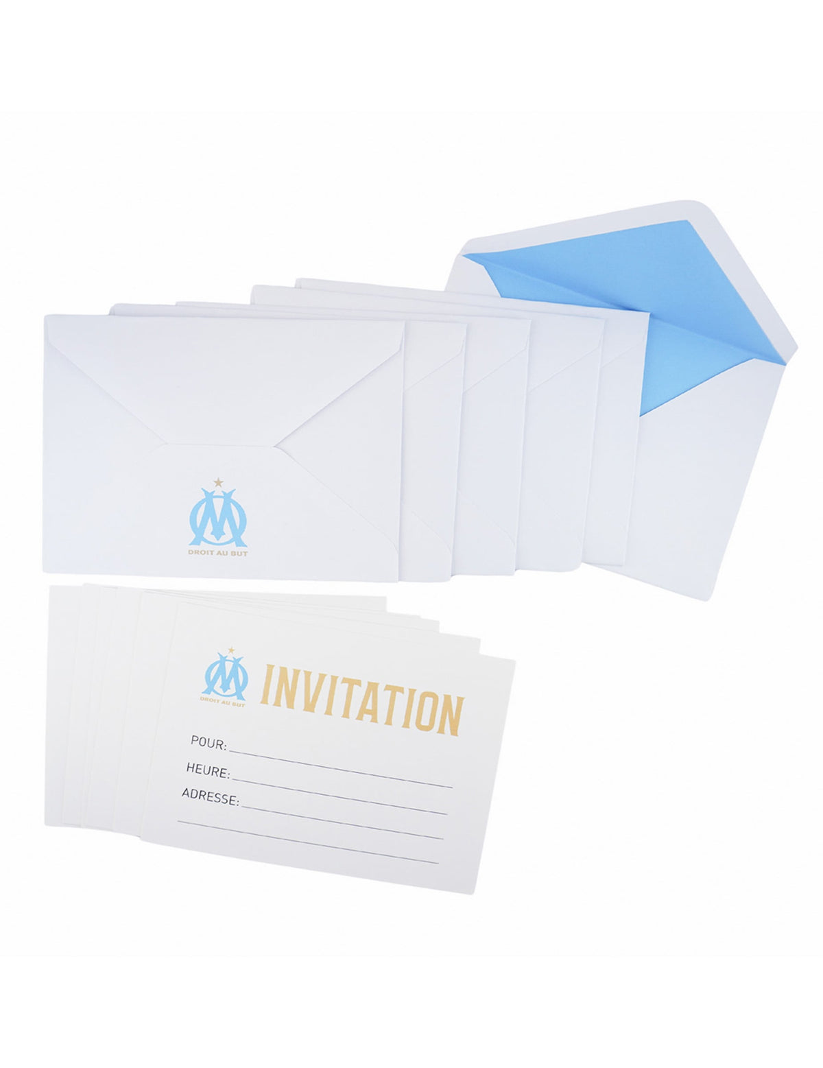 Invitations et enveloppes OM blanc et bleu ciel avec logo Droit au But