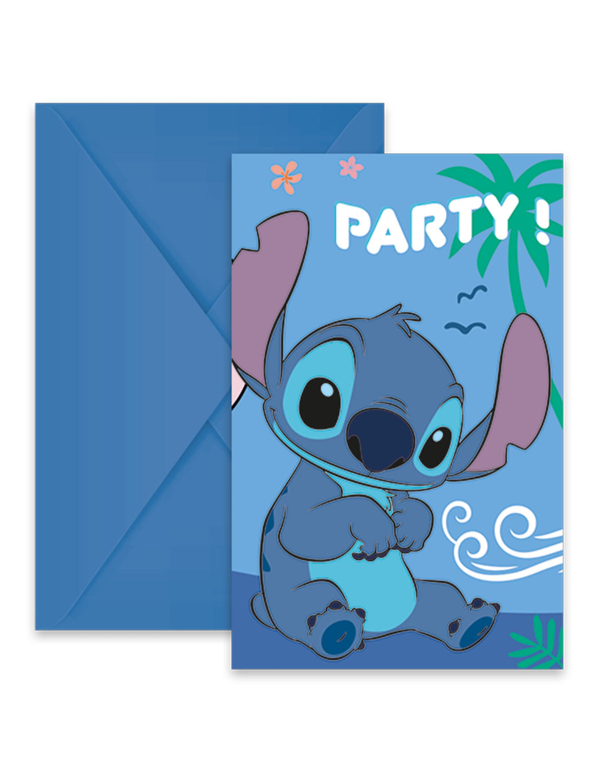 Invitations et enveloppes Stitch pour enfant bleues avec palmier et fleurs