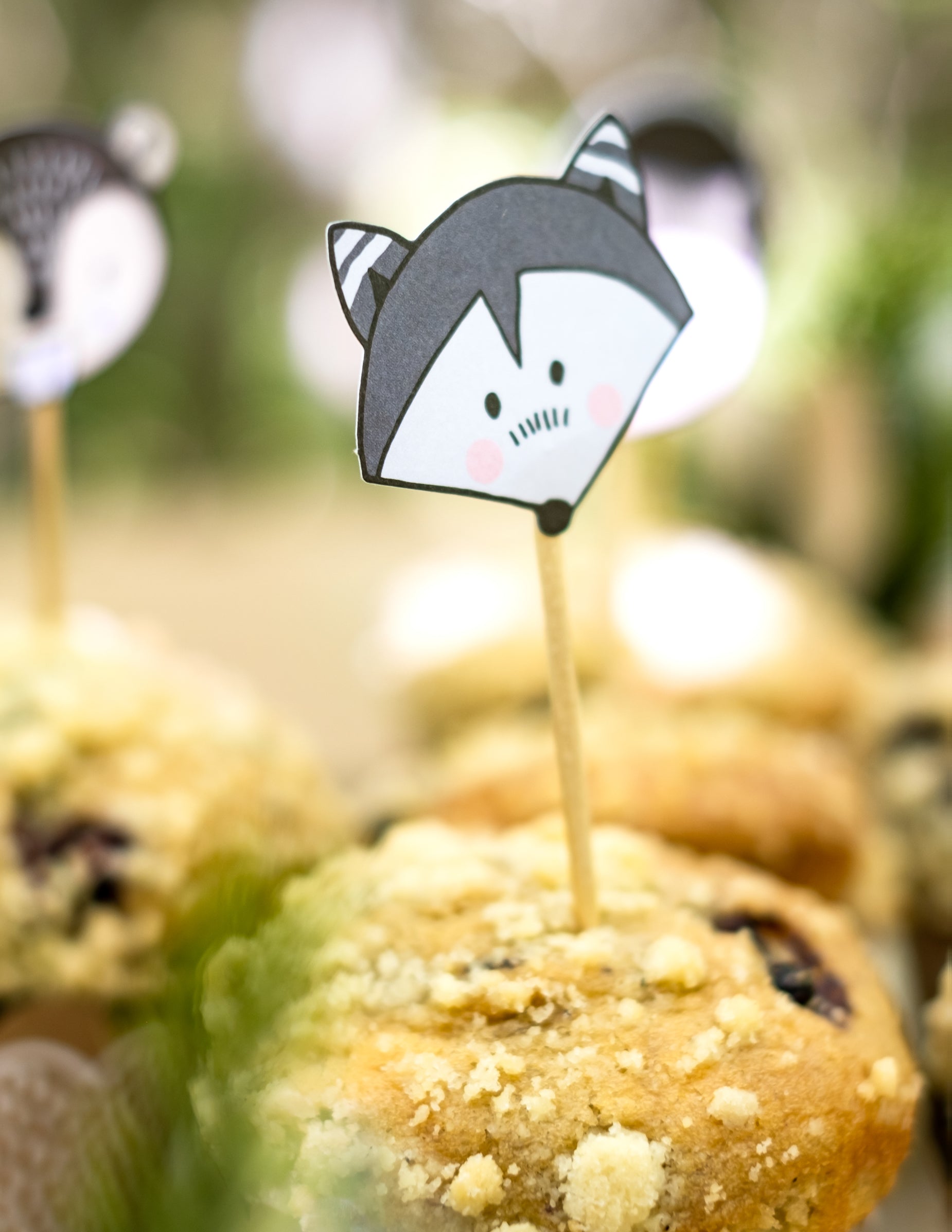 Gros plan sur le pic en bois raton laveur des moules à cupcake et pics en bois animaux de la forêt