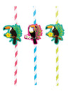 Pailles en carton toucan pour fête rayées rose bleu et vert
